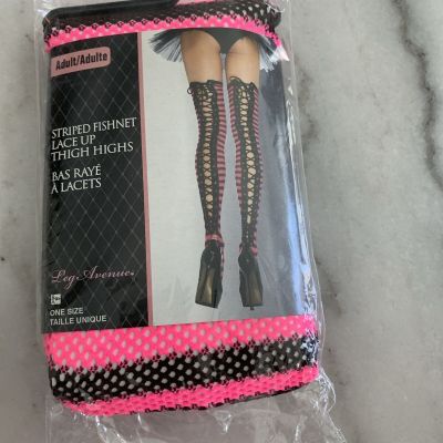 Striped Fishnet lace up thigh highs Pink And black